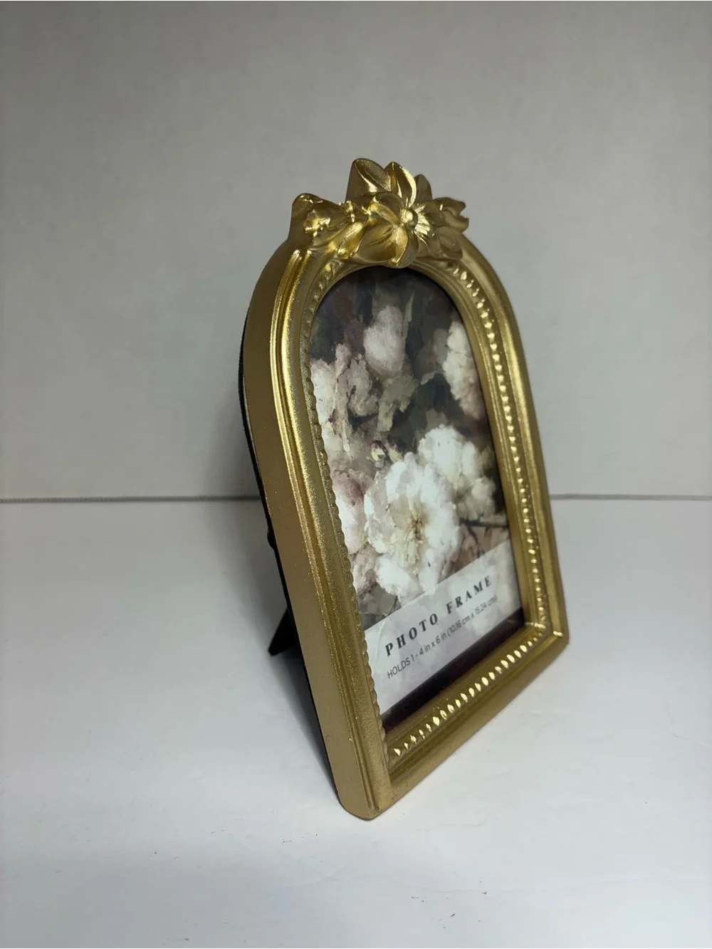 Gold Floral Arch Photo Frame - Decorative Home Accent Fits 4X6 Photo Heavy